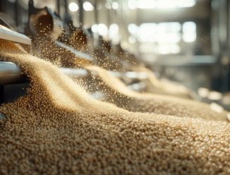Grãos de soja sendo descarregados em esteira industrial dentro de armazém